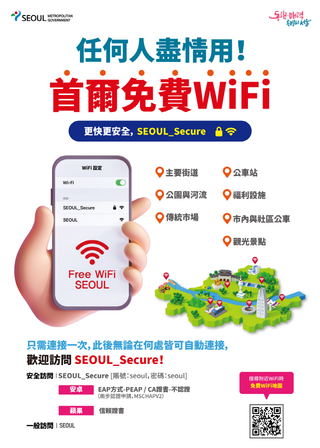 任何人盡情用！首爾免費Wi-Fi更快更安全，SEOUL_Secure主要街道，觀光景點，公園與河流，傳統市場，公車站，福利設施，市內與社區公車只需連接一次，此後無論在何處皆可自動連接， 歡迎訪問SEOUL_Secure！安全訪問│SEOUL_Secure [賬號：seoul，密碼：seoul]安卓EAP方式-PEAP / CA證書-不認證（兩步認證申請，MSCHAPV2）蘋果信賴證書一般訪問│SEOUL