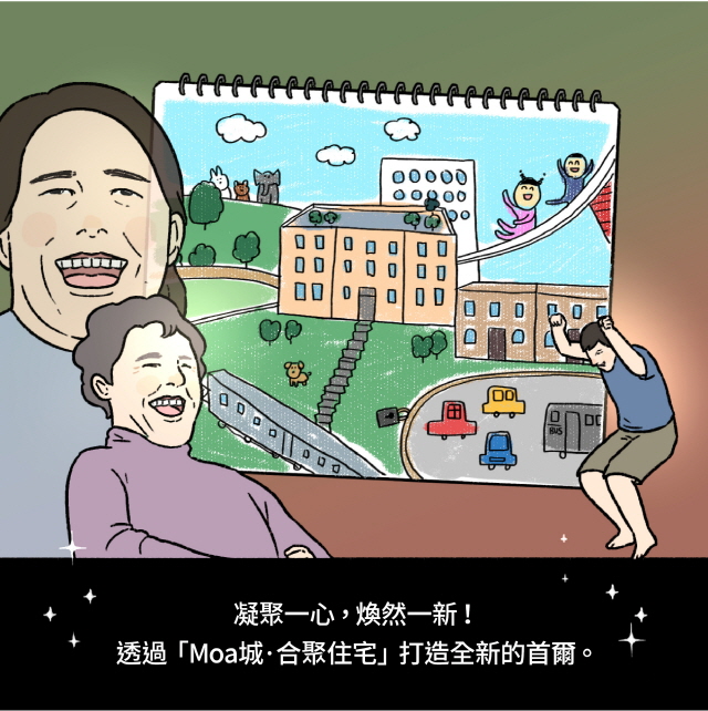 [素描本裡面畫著新社區裡幸福快樂的人們。] [下方字幕]凝聚一心，煥然一新！透過「Moa城·合聚住宅」打造全新的首爾。