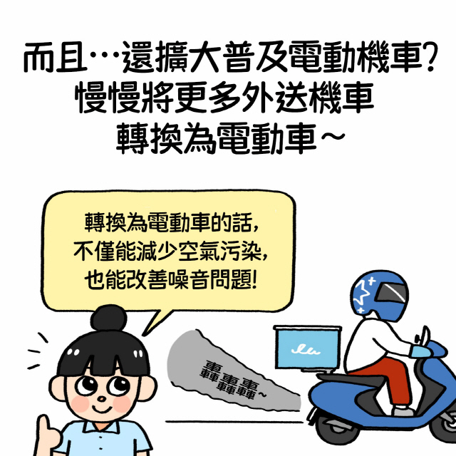 而且…還擴大普及電動機車？慢慢將更多外送機車轉換為電動車～ / 轉換為電動車的話，不僅能減少空氣污染，也能改善噪音問題！