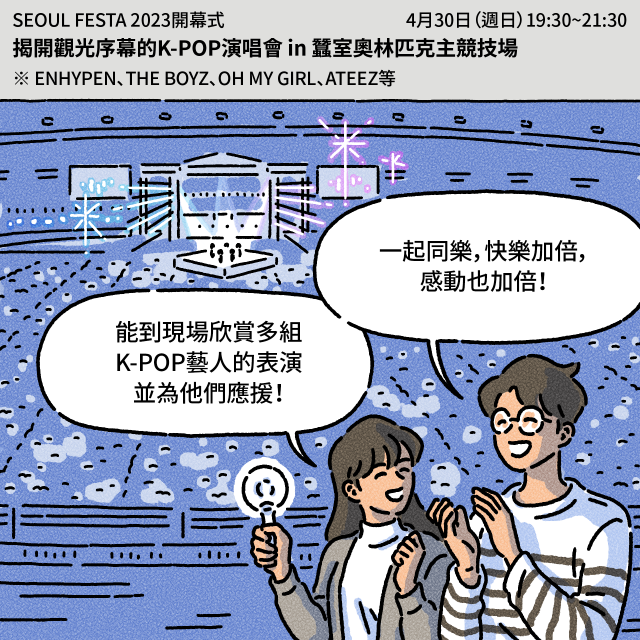 Box：SEOUL FESTA 2023開幕式揭開觀光序幕的K-POP演唱會 in 蠶室奧林匹克主競技場※ ENHYPEN、THE BOYZ、OH MY GIRL、ATEEZ等4月30日（週日）19:30~21:30 / B：能到現場欣賞多組K-POP藝人的表演並為他們應援！ / A：一起同樂，快樂加倍，感動也加倍！