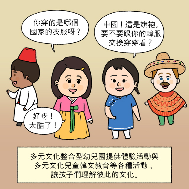 B : 你穿的是哪個國家的衣服呀？ / E（小朋友） : 中國！這是旗袍。要不要跟你的韓服交換穿穿看？ / B : 好呀！太酷了！ / BOX : 多元文化整合型幼兒園提供體驗活動與多元文化兒童韓文教育等各種活動，讓孩子們理解彼此的文化。