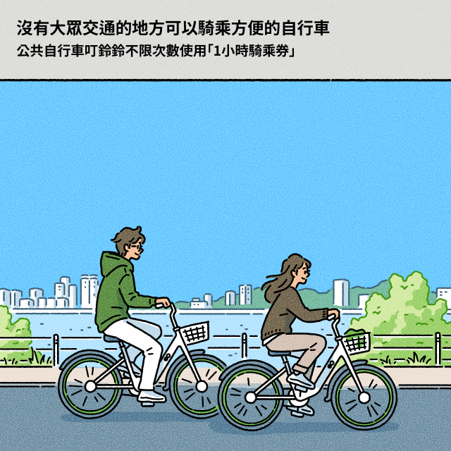 沒有大眾交通的地方可以騎乘方便的自行車 / BOX： 公共自行車叮鈴鈴不限次數使用「1小時騎乘券」