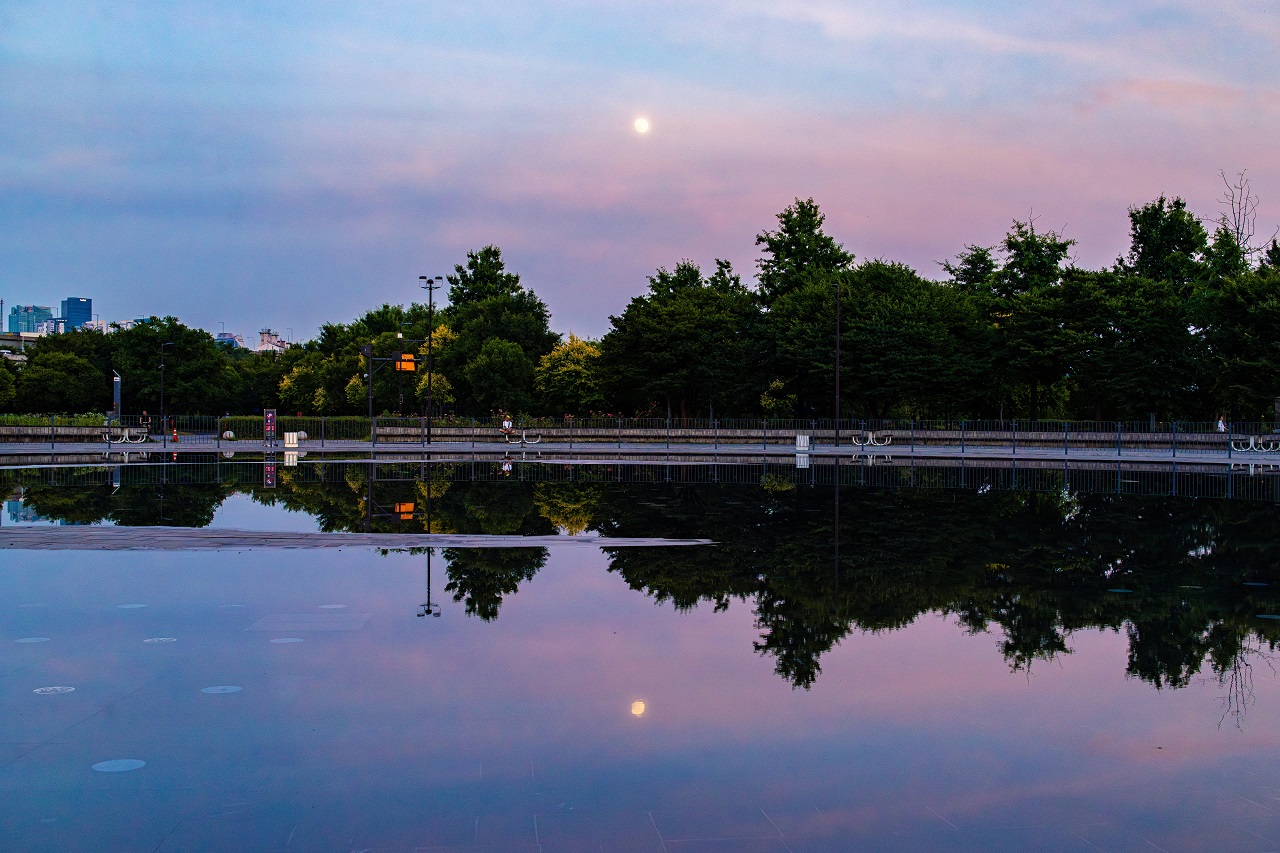 月亮升起的傍晚蘭芝漢江公園的照片