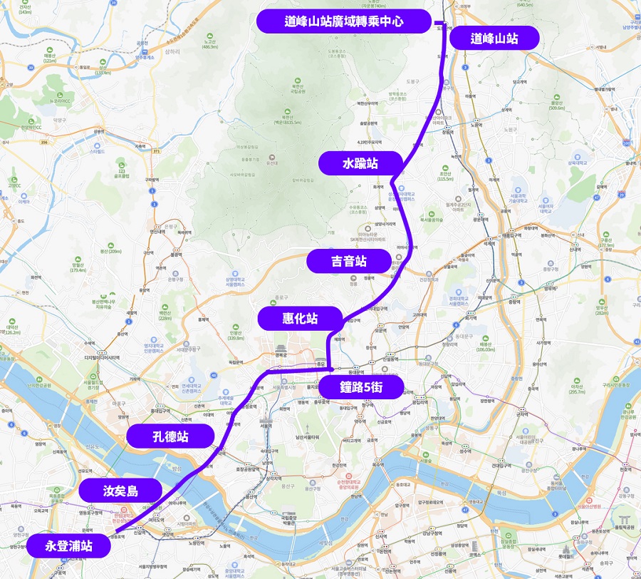 道峰山站廣域轉乘中心－道峰山站－水踰站－吉音站－惠化站－鐘路5街－孔德站－汝矣島－永登浦站