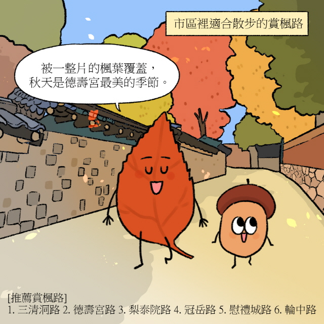 [上方文字] 市區裡適合散步的賞楓路楓葉：被一整片的楓葉覆蓋，秋天是德壽宮最美的季節。 / [下方文字塊：推薦賞楓路]1. 三清洞路 2. 德壽宮路 3. 梨泰院路 4. 冠岳路 5. 慰禮城路 6. 輪中路