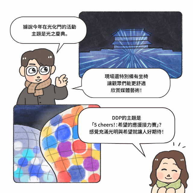 B : 據說今年在光化門的活動／主題是光之慶典。 / B : 現場還特別備有坐椅／讓觀眾們能更舒適／欣賞媒體藝術！ / A:  DDP的主題是／「5 cheers！：希望的應援接力賽」？／感覺充滿光明與希望就讓人好期待！