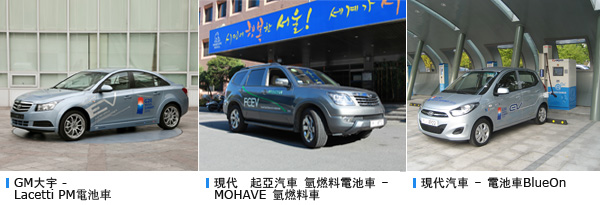 GM大宇 – Lacetti PM電池車, 現代․起亞汽車 氫燃料電池車 - MOHAVE氫燃料車, 現代汽車 - 電池車BlueOn 