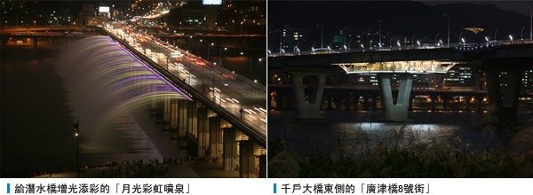 給潛水橋增光添彩的「月光彩虹噴泉」, 千戶大橋東側的「廣津橋8號街」